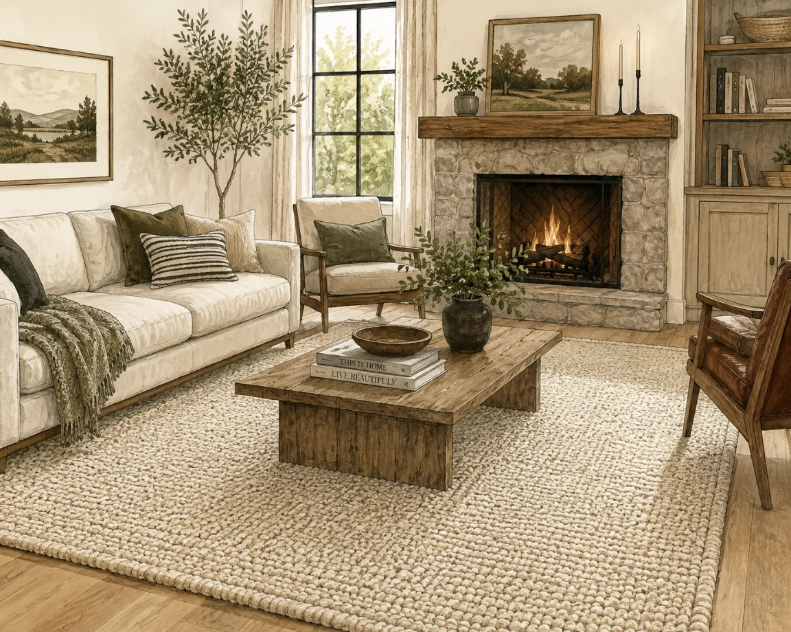 A cozy living room with a natural-fiber rug over hardwood floors