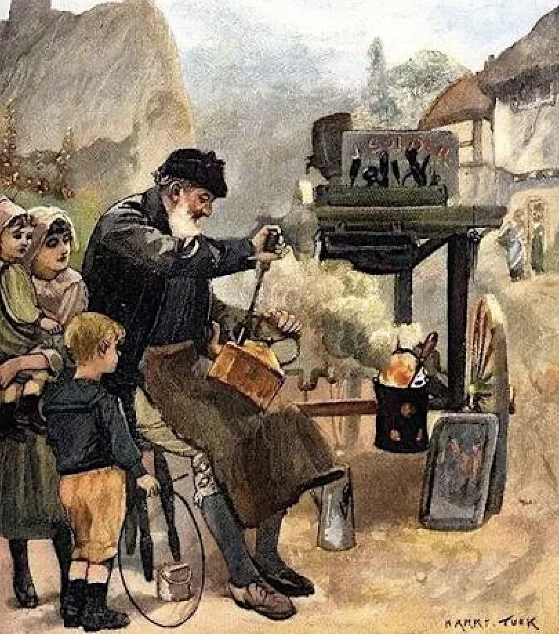 A traveling tinker repairing copper pots for a village, illustrated by Harry Tuck