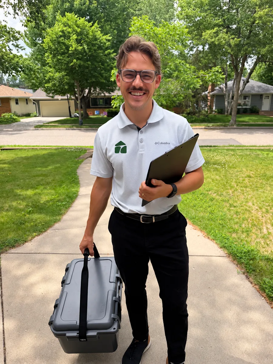 Hunter arriving at a client&rsquo;s home with his testing equipment